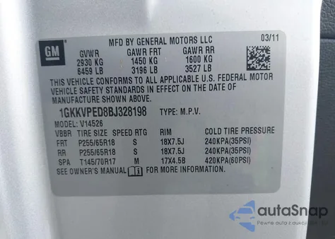 2011 GMC Acadia Sle z USA, uszkodzony, nr VIN 1GKKVPED8BJ328198